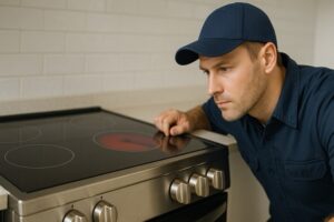 Technician inspecting an electric glass-top stove heating element during stove repair in Winnipeg