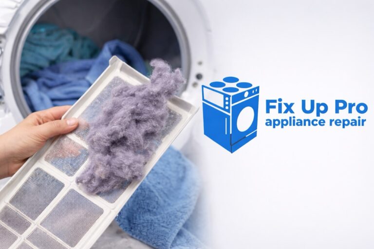 Dryer lint filter with built-up lint next to Fix Up Pro appliance repair logo