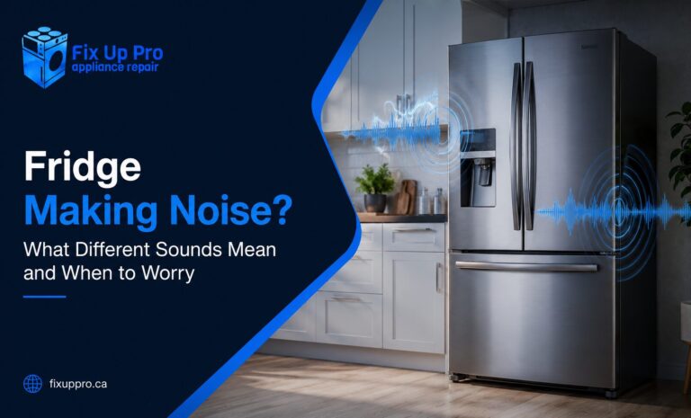 Modern stainless steel refrigerator making noise with Fix Up Pro Appliance Repair branding and sound wave graphics in a kitchen