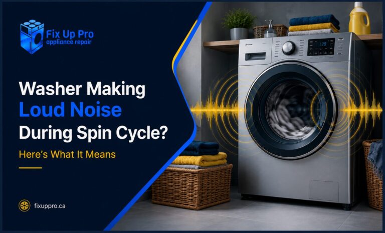 Modern front-load washing machine making loud noise during spin cycle with yellow sound wave effects and Fix Up Pro Appliance Repair branding