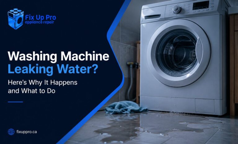 Leaking washing machine with water on the floor and Fix Up Pro Appliance Repair branding in a modern repair service banner