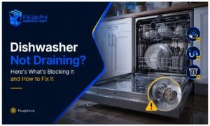 Dishwasher Not Draining? Here's What's Blocking It and How to Fix It Modern dishwasher not draining water with clogged filter warning indicators and Fix Up Pro Appliance Repair branding