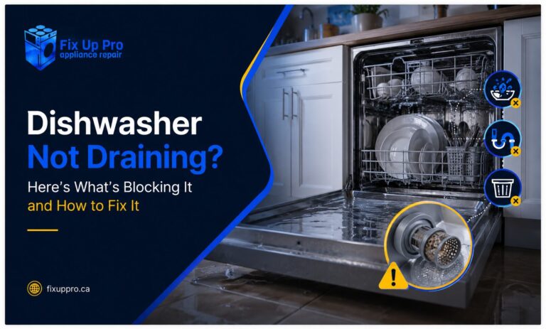 Modern dishwasher not draining water with clogged filter warning indicators and Fix Up Pro Appliance Repair branding