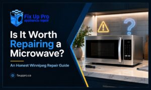 Is It Worth Repairing a Microwave? An Honest Winnipeg Repair Guide Modern microwave with a caution icon, illustrating Fix Up Pro's guide on whether it's worth repairing a microwave in Winnipeg