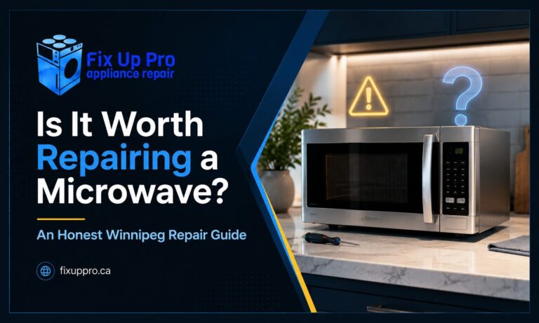 Modern microwave with a caution icon, illustrating Fix Up Pro's guide on whether it's worth repairing a microwave in Winnipeg
