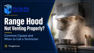 Range Hood Not Venting Properly? Common Causes and When to Call a Technician Range hood with steam escaping around it instead of venting, illustrating Fix Up Pro's guide to range hood repair in Winnipeg