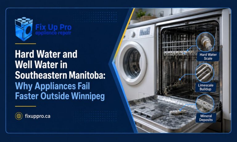 Limescale buildup on a dishwasher heating element from hard well water in southeastern Manitoba