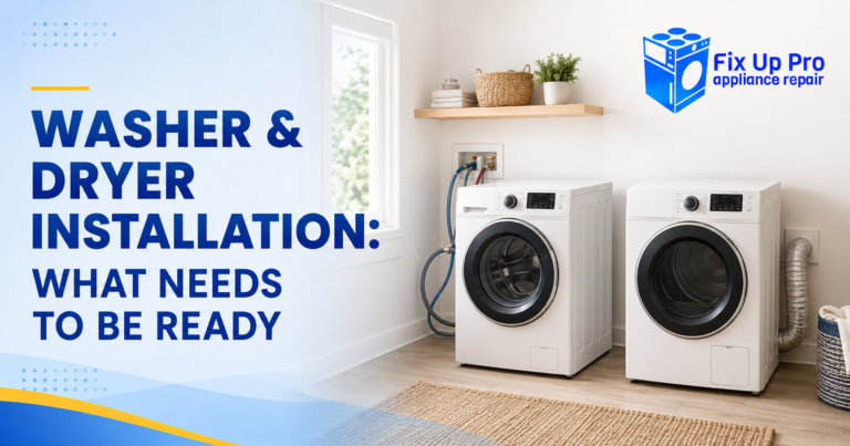Washer and dryer in a Winnipeg laundry room with hoses and vent duct visible behind, Fix Up Pro installation requirements guide