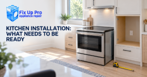 Electric range and wall oven cabinet cutout in a Winnipeg kitchen with the outlet visible, Fix Up Pro installation requirements guide