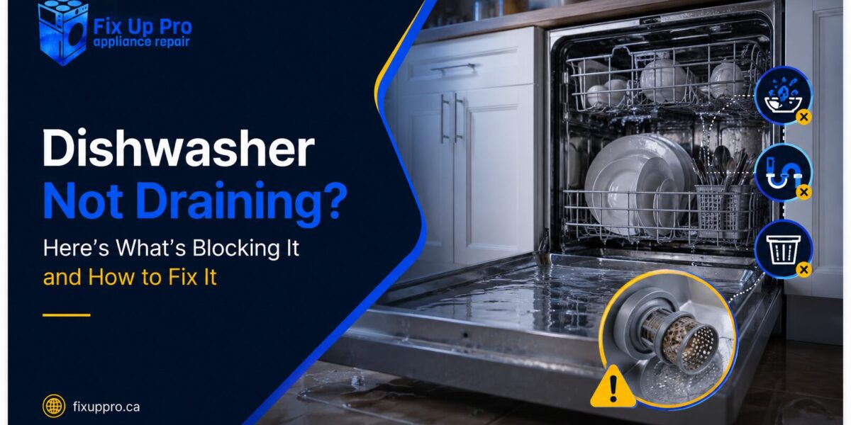 Modern dishwasher not draining water with clogged filter warning indicators and Fix Up Pro Appliance Repair branding