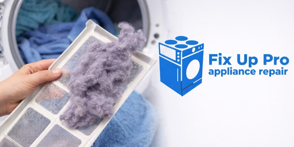 Dryer lint filter with built-up lint next to Fix Up Pro appliance repair logo