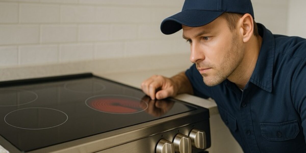 Technician inspecting an electric glass-top stove heating element during stove repair in Winnipeg