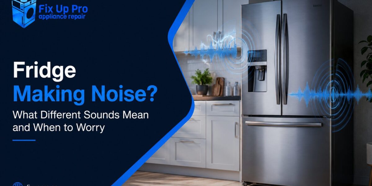 Modern stainless steel refrigerator making noise with Fix Up Pro Appliance Repair branding and sound wave graphics in a kitchen