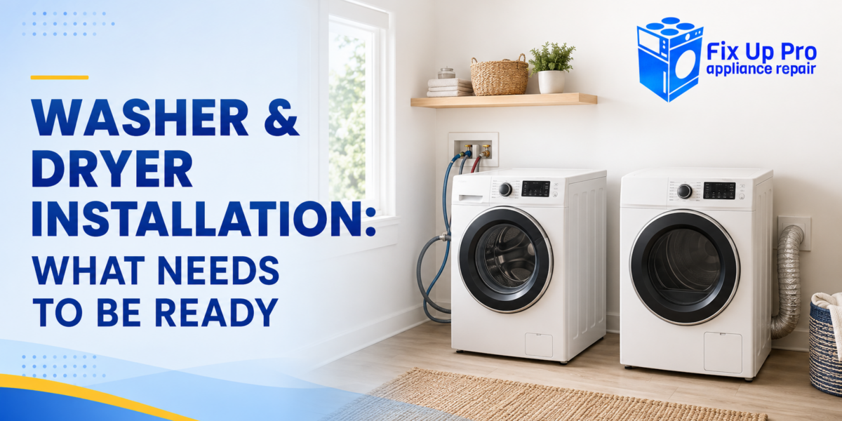 Washer and dryer in a Winnipeg laundry room with hoses and vent duct visible behind, Fix Up Pro installation requirements guide
