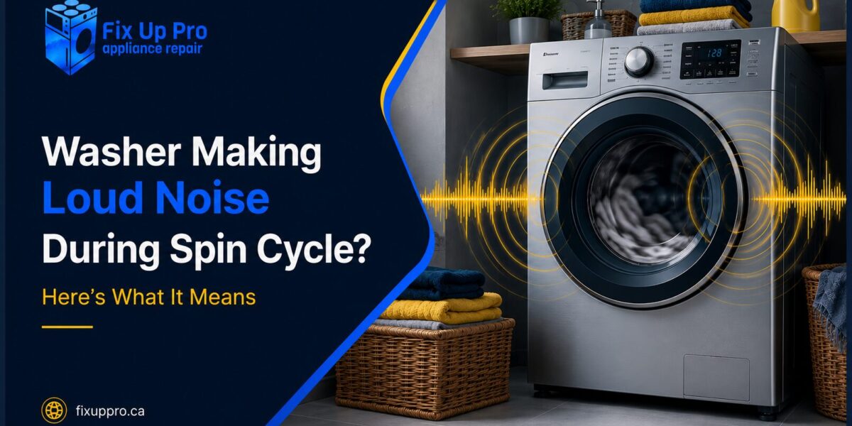 Modern front-load washing machine making loud noise during spin cycle with yellow sound wave effects and Fix Up Pro Appliance Repair branding