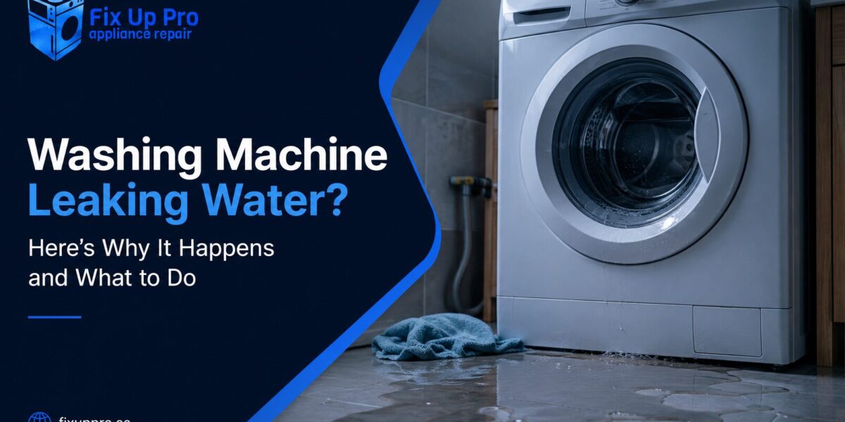 Leaking washing machine with water on the floor and Fix Up Pro Appliance Repair branding in a modern repair service banner