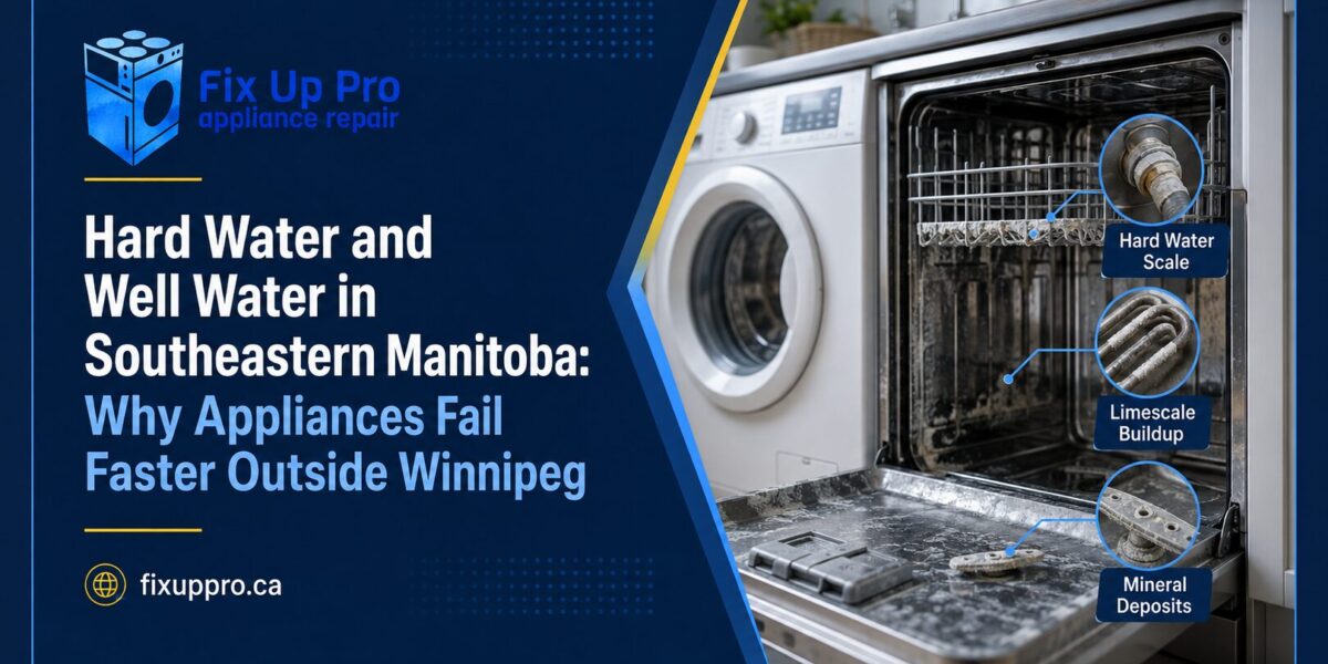 Limescale buildup on a dishwasher heating element from hard well water in southeastern Manitoba