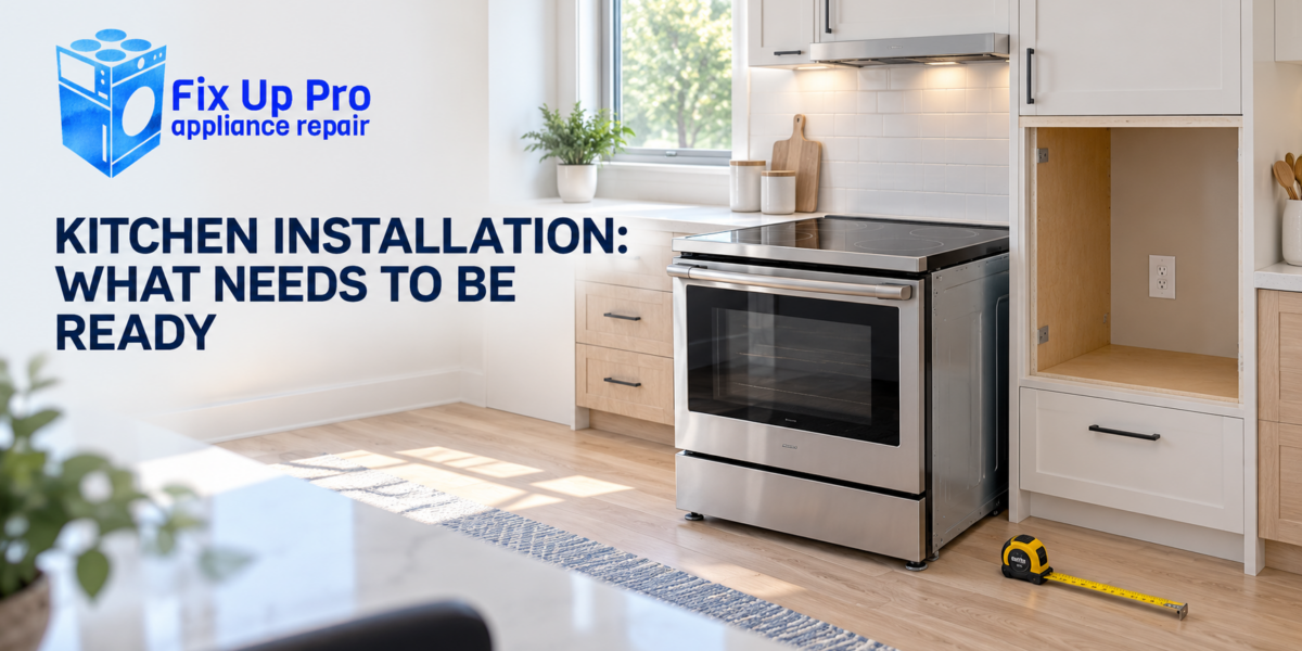 Electric range and wall oven cabinet cutout in a Winnipeg kitchen with the outlet visible, Fix Up Pro installation requirements guide