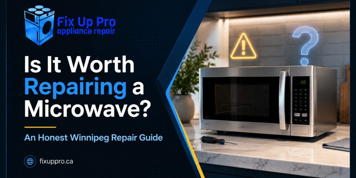 Modern microwave with a caution icon, illustrating Fix Up Pro's guide on whether it's worth repairing a microwave in Winnipeg