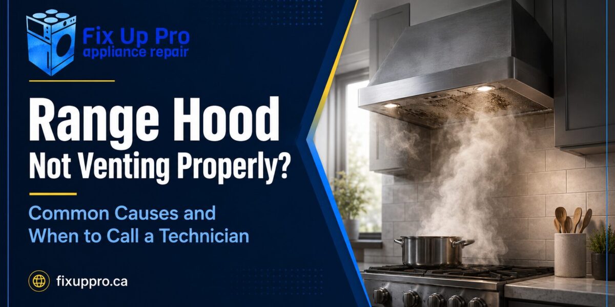 Range hood with steam escaping around it instead of venting, illustrating Fix Up Pro's guide to range hood repair in Winnipeg